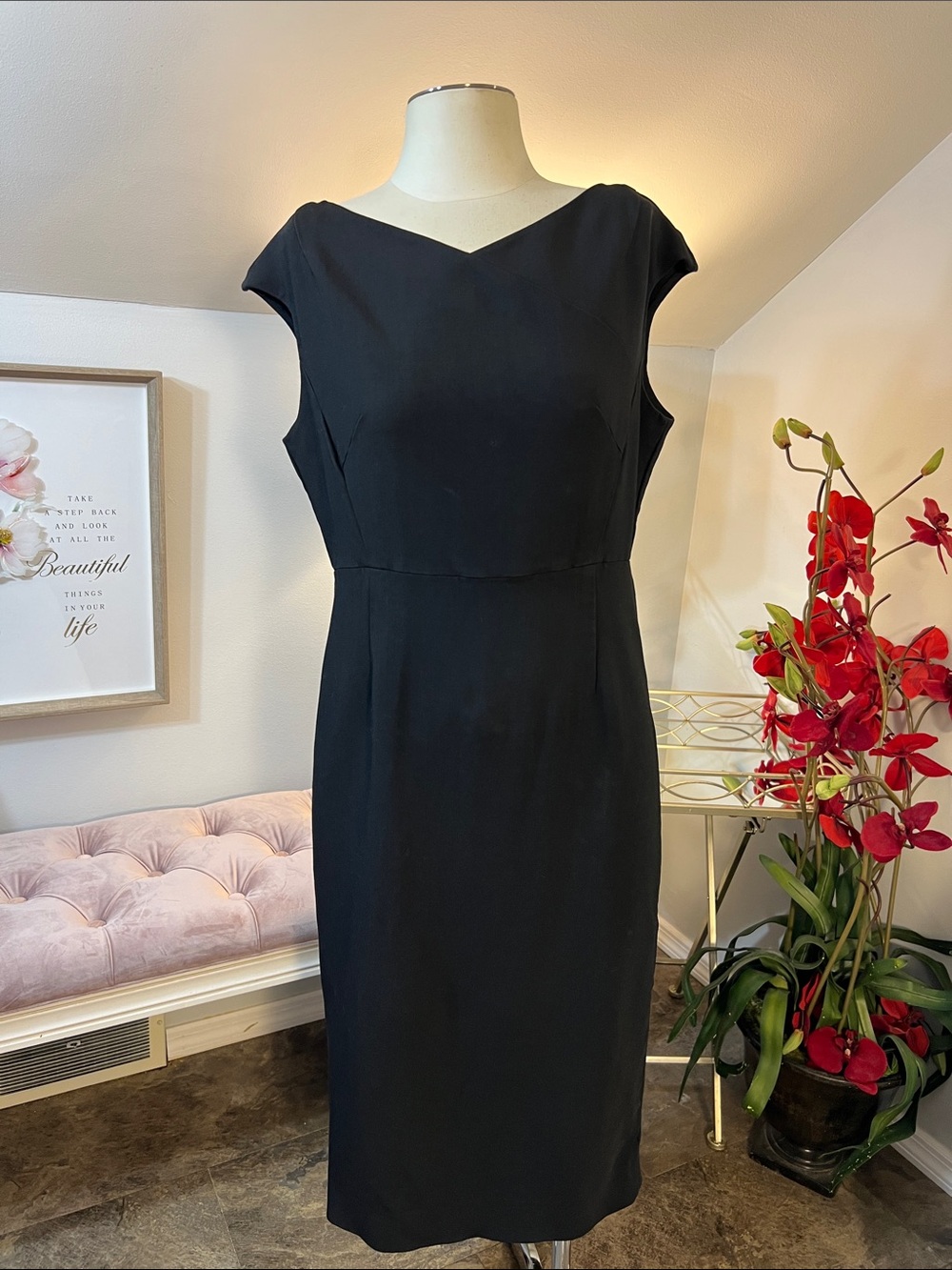Diane Von Furstenberg Black Cap-Sleeve Midi Sheath Dress Size 14